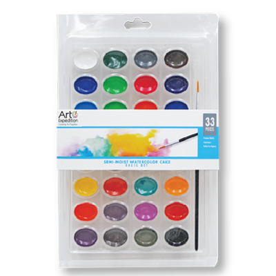 Semi-moist Watercolor Cakes with Brush Assorted Colors 33 Pcs